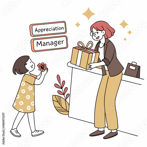 Celebrating Manager Appreciation Little Girl Gives Flower And Present To Manager