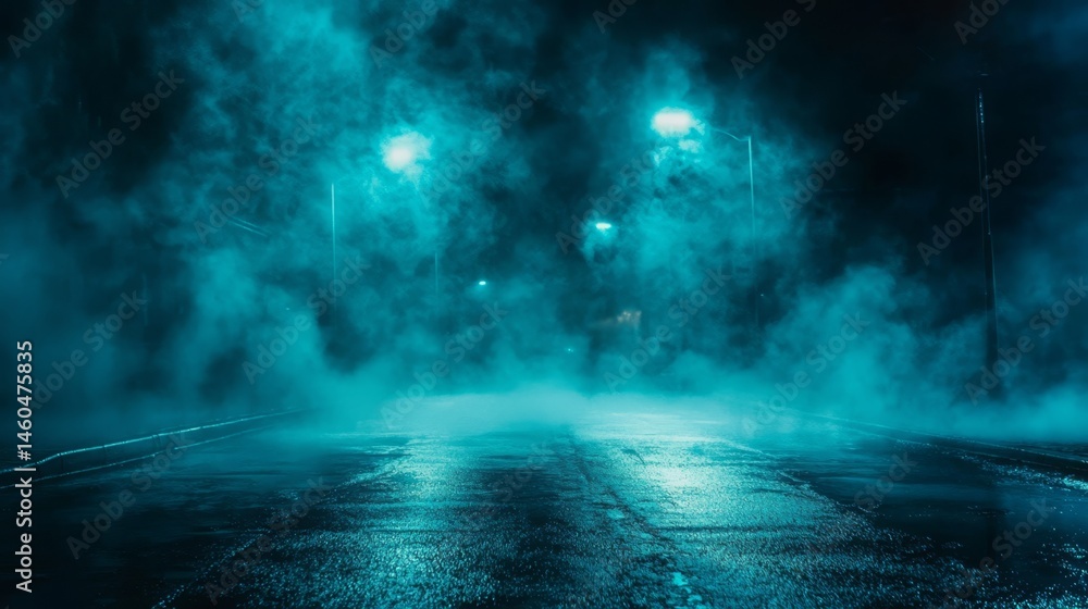 Fototapeta premium Mysterious Night Street Captured in Fog and Neon Glow