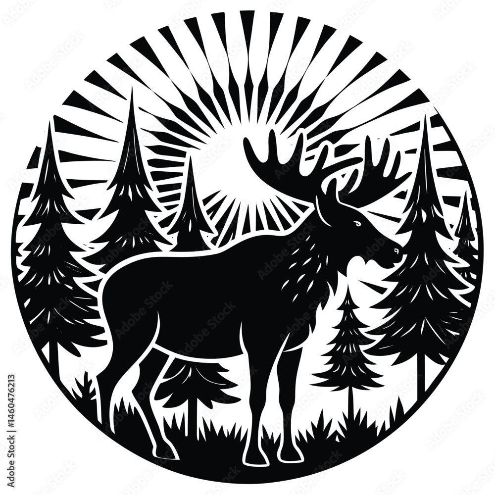 Fototapeta premium Majestic Moose Silhouette in a Sunburst Forest Landscape