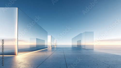 Fototapeta Naklejka Na Ścianę i Meble -  Modern glass building, outdoor background with clear sky and calm sea in the distance, two large flat walls made of mirrored material