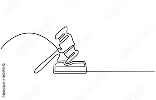 Hammer one continuous single line art drawing, One line drawing of judge hammer law symbol continuous hand drawn sketch minimalist design vector illustration.