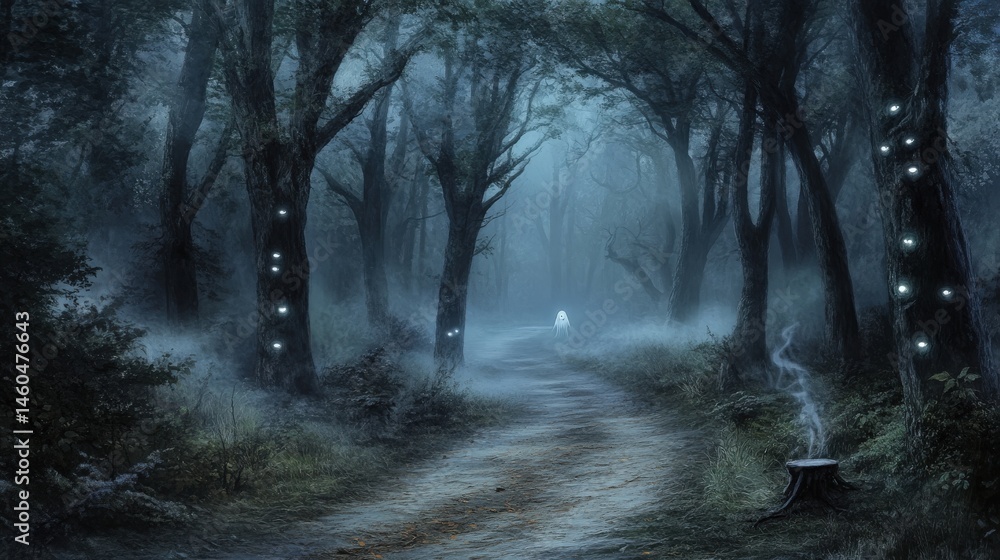 Obraz premium Mysterious, misty woodland path at night.