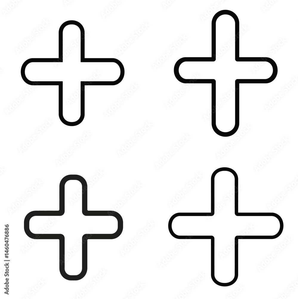 Obraz premium Four Plus Sign Icon Designs with Rounded Corners on Transparent Background