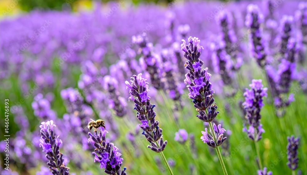 Close-Up of Lavender Flowers with Bee Pollinating in Field Close-Up of Lavender Flowers with Bee Pollinating in Field