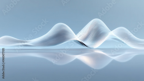 3D render of white sound waves on a light blue background, with reflection and smooth curves