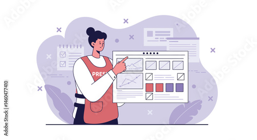 Woman Journalist Reporting News and Analyzing Data with Digital Tablet and Newspaper Press Vest Vector Illustration 