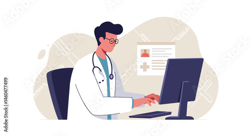 Male doctor working on computer with stethoscope in medical office vector illustration 