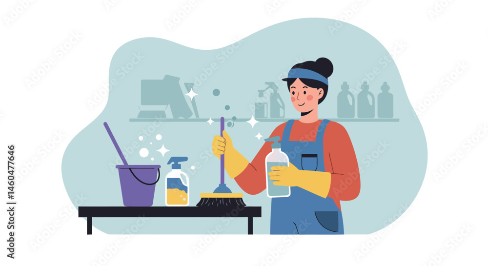 Female scientist conducting laboratory experiment with chemical solutions and tools vector illustration Female scientist conducting laboratory experiment with chemical solutions and tools vector illustration