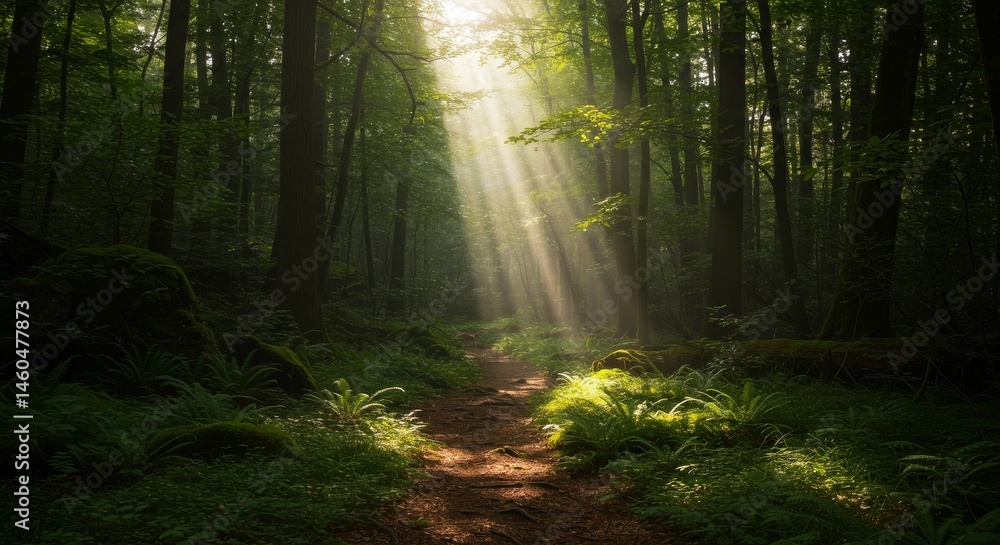 Obraz premium Sunlight filtering through a dense woodland path.