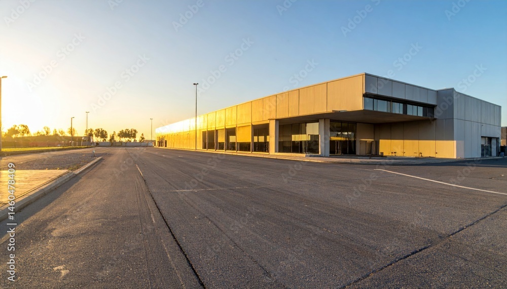 Naklejka premium Modern Industrial Building with Clear Sky and Empty Road at Sunset