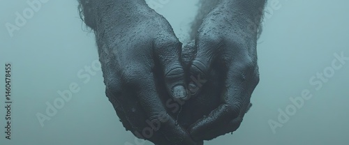Two human hands hold something out in teal tinted water. The person's hands are smudged with dirt