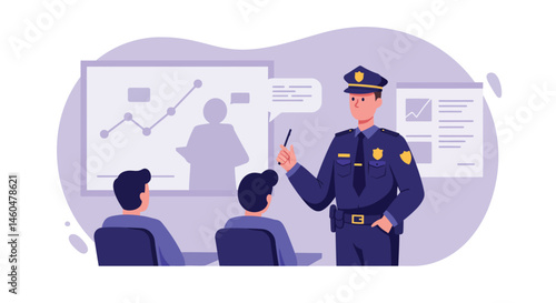 Police officer giving presentation on crime statistics and data analysis to audience in seminar room vector illustration 