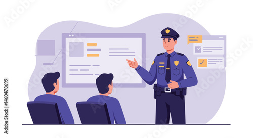 Police officer giving presentation to seated audience in office setting vector illustration 