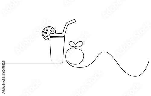 Continuous line drawing of long drink of lemon vodka in front of white background.
Orange juice in a glass with lemon wedges on the glass. Glass of orange drink and lemon slices in doodle style