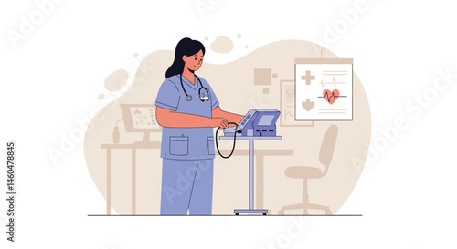 Nurse operating medical equipment in hospital room healthcare worker vector illustration 