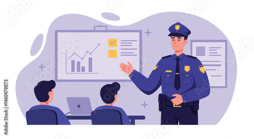 Police officer presenting crime statistics and data in meeting room with two attendees vector illustration 