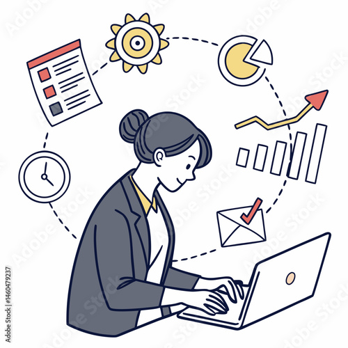 Business Woman Working On Laptop Surrounded By Business Icons Vector
