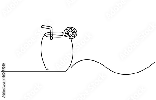 Continuous line drawing of long drink of lemon vodka in front of white background.
Orange juice in a glass with lemon wedges on the glass. Glass of orange drink and lemon slices in doodle style