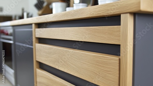 Close-up view of modern kitchen cabinetry with light wood accents.