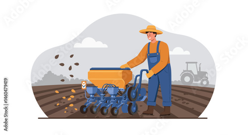 Farmer planting seeds with seed drill machine on plowed field agricultural farming vector illustration 