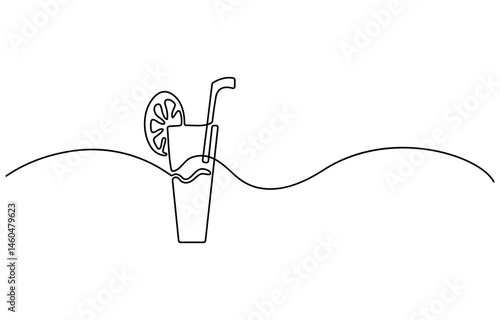 Continuous line drawing of long drink of lemon vodka in front of white background.
Orange juice in a glass with lemon wedges on the glass. Glass of orange drink and lemon slices in doodle style