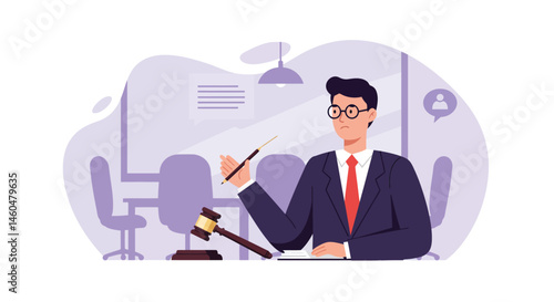 Male Judge in Courtroom Setting with Gavel and Formal Suit Illustration