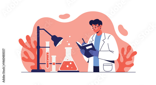 Scientist working in laboratory with test tubes and flasks conducting chemical experiments vector illustration 