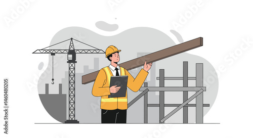 Construction worker carrying beam with clipboard on site near crane and scaffolding in vector illustration 