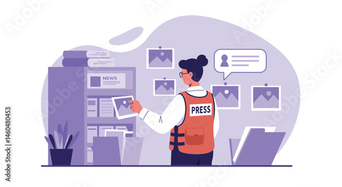 Journalist searching files in archive room organizing press photos and documents vector illustration 