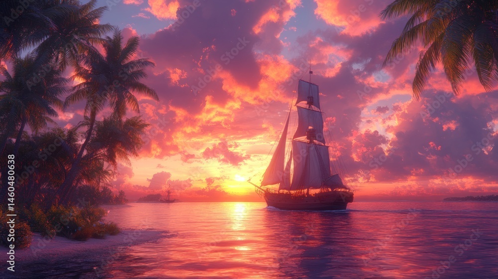Fototapeta premium Sunset Sailboat Paradise: Tropical Island Escape