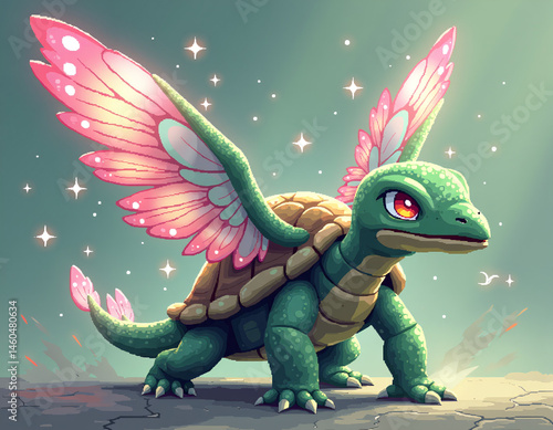 Wallpaper Mural A fantasy pixel turtle with glowing pink fairy wings floats against a soft magical background. Torontodigital.ca