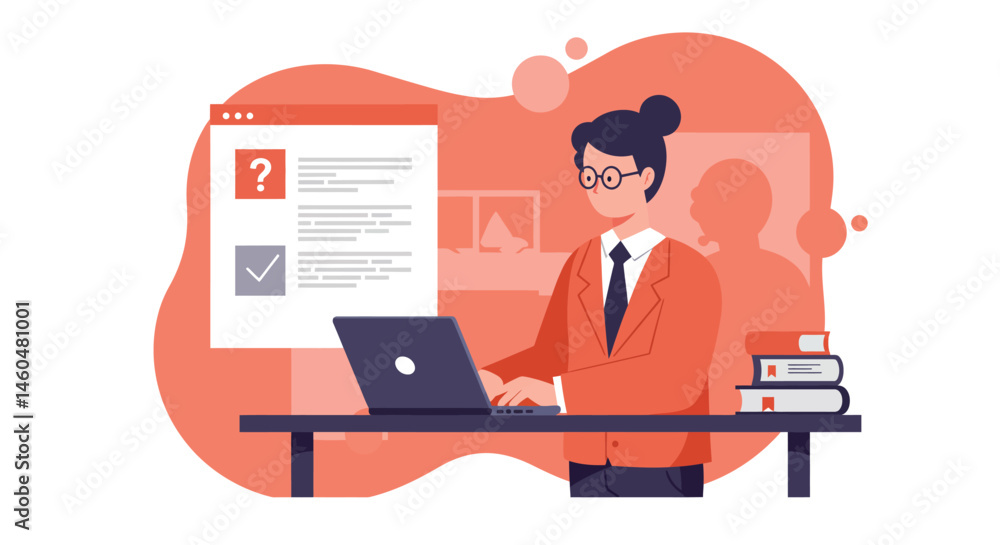 Businesswoman working on laptop with checklist and office books in modern workplace vector illustration Businesswoman working on laptop with checklist and office books in modern workplace vector illustration