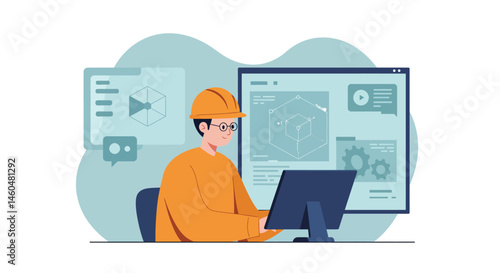 Engineer working on computer design software with orange clothing and hard hat in office vector illustration 