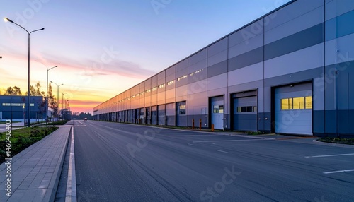 Modern Industrial Warehouse at Sunset with Clear Sky and Road