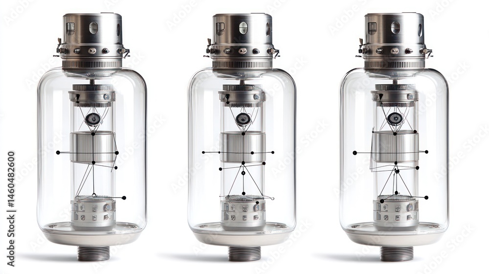 Three Futuristic Glass Vacuum Tubes with intricate internal mechanisms. A technological marvel. Three Futuristic Glass Vacuum Tubes with intricate internal mechanisms. A technological marvel.