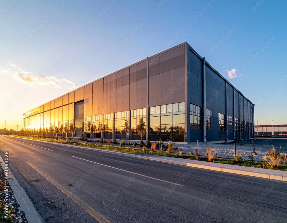 Obraz premium Modern Industrial Building with Glass Facade at Sunset Reflection