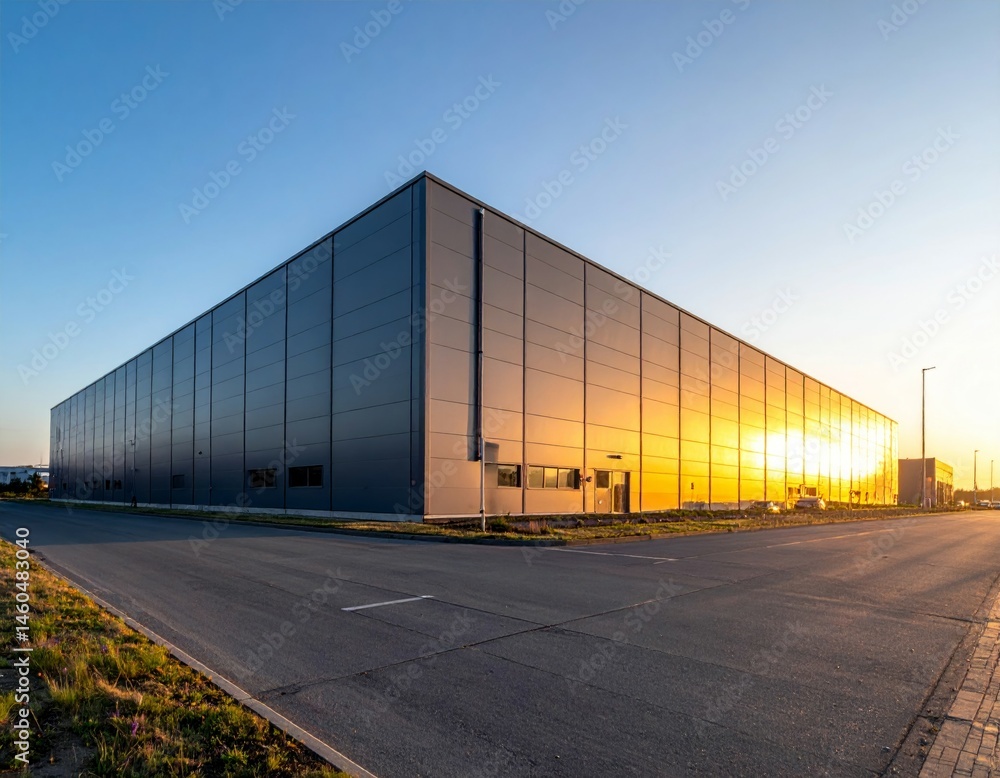 Obraz premium Modern Industrial Warehouse at Sunset with Reflective Facade
