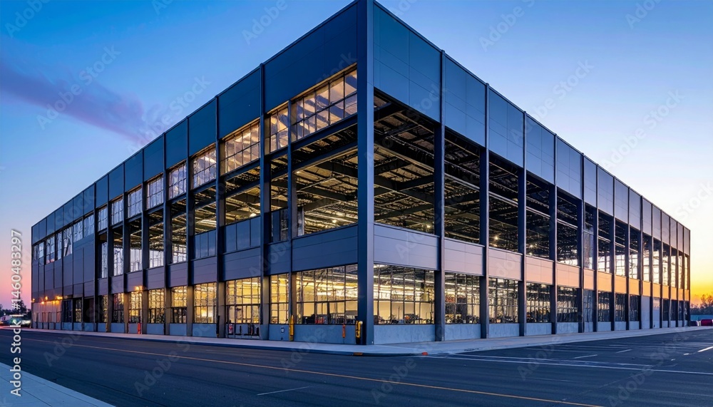 Obraz premium Modern Industrial Building with Large Windows at Sunset Glow