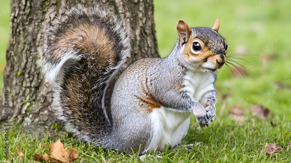 Fototapeta premium Adorable grey squirrel perched near a tree trunk in a lush green park, bushy tail, alert expression.
