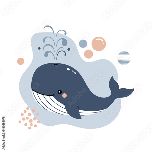 Cute blue whale illustration with water splash and bubbles in soft pastel colors for children’s design and decoration 