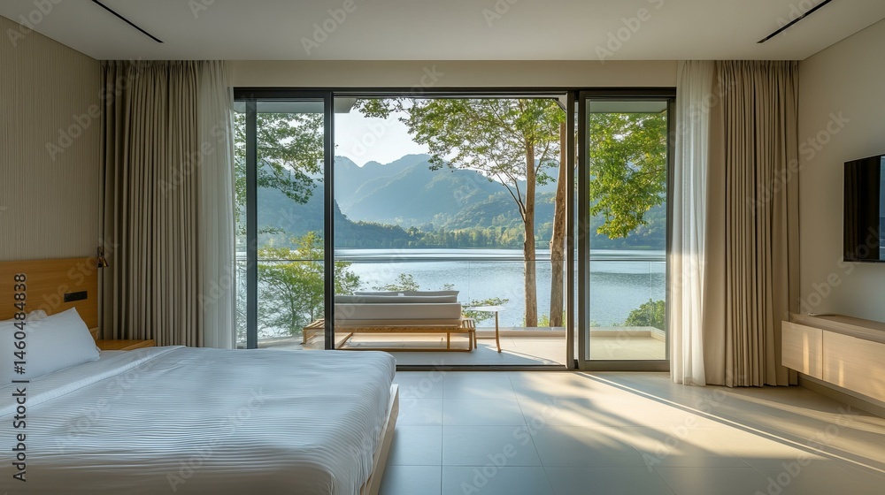 Fototapeta premium Luxury Lake View Bedroom With Modern Interior Design