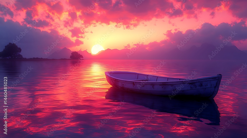 Neon-colored sky over calm lake boat high resolution picture Neon-colored sky over calm lake boat high resolution picture