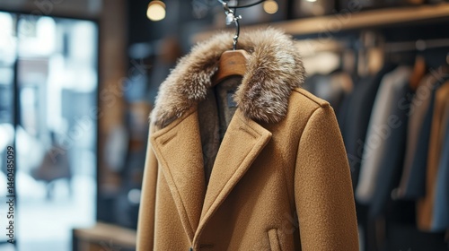 Elegant men's winter coat with a fur-trimmed hood hanging on a wooden hanger inside a clothing store with other jackets in the background