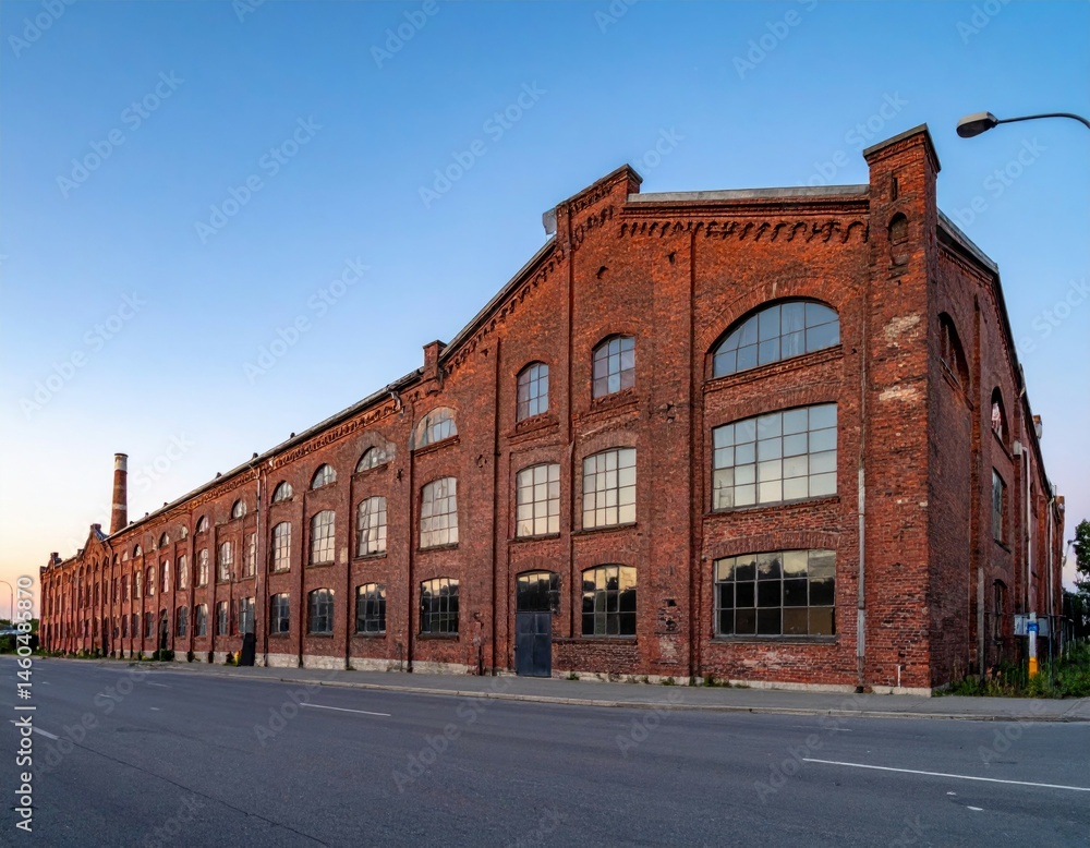 Fototapeta premium Historic Red Brick Warehouse with Large Windows at Sunset