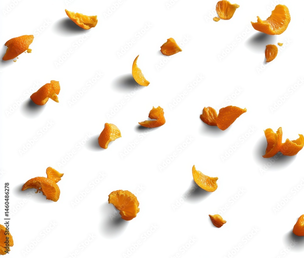 Vibrant and Fresh Orange Citrus Peel Pieces Scattered on White Background with Shadows Creating Unique Visual Appeal for Healthy Lifestyle Themes Vibrant and Fresh Orange Citrus Peel Pieces Scattered on White Background with Shadows Creating Unique Visual Appeal for Healthy Lifestyle Themes