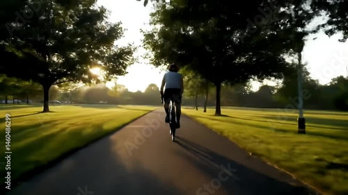 Biking on Path through Green Park at Sunrise Slow Motion