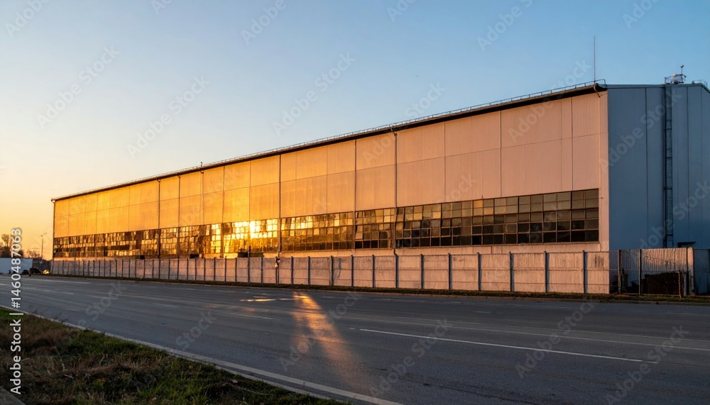 Fototapeta premium Industrial Warehouse with Sunset Reflection on Exterior Surface