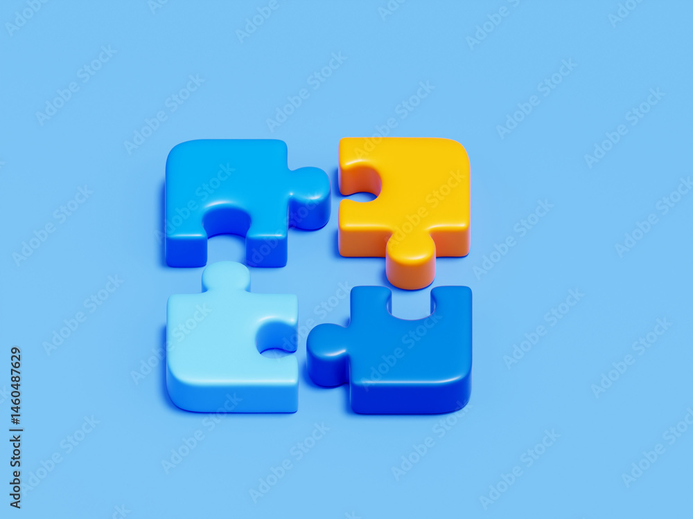 3D icon of four connected puzzle pieces, representing teamwork, collaboration, and group synergy in business and project environments. 3D icon of four connected puzzle pieces, representing teamwork, collaboration, and group synergy in business and project environments.