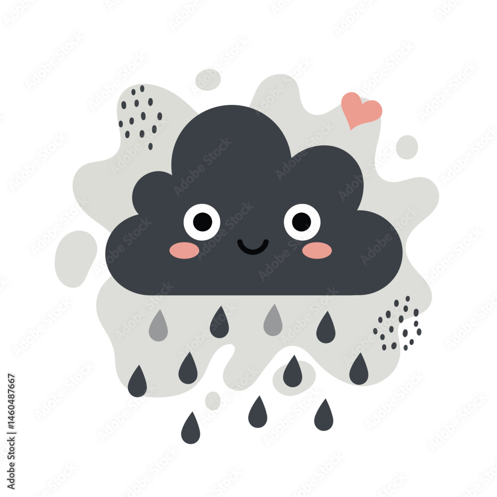 Fototapeta premium Cute smiling rain cloud with raindrops and heart shape vector illustration in black and grey colors for weather design 