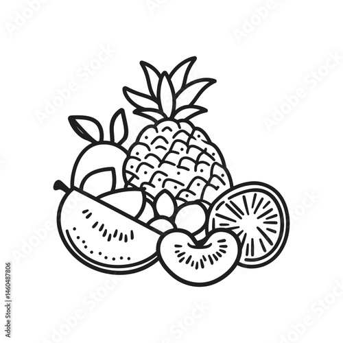 Fruits Outline Pineapple, Peach, Orange Slice, and Kiwi on White